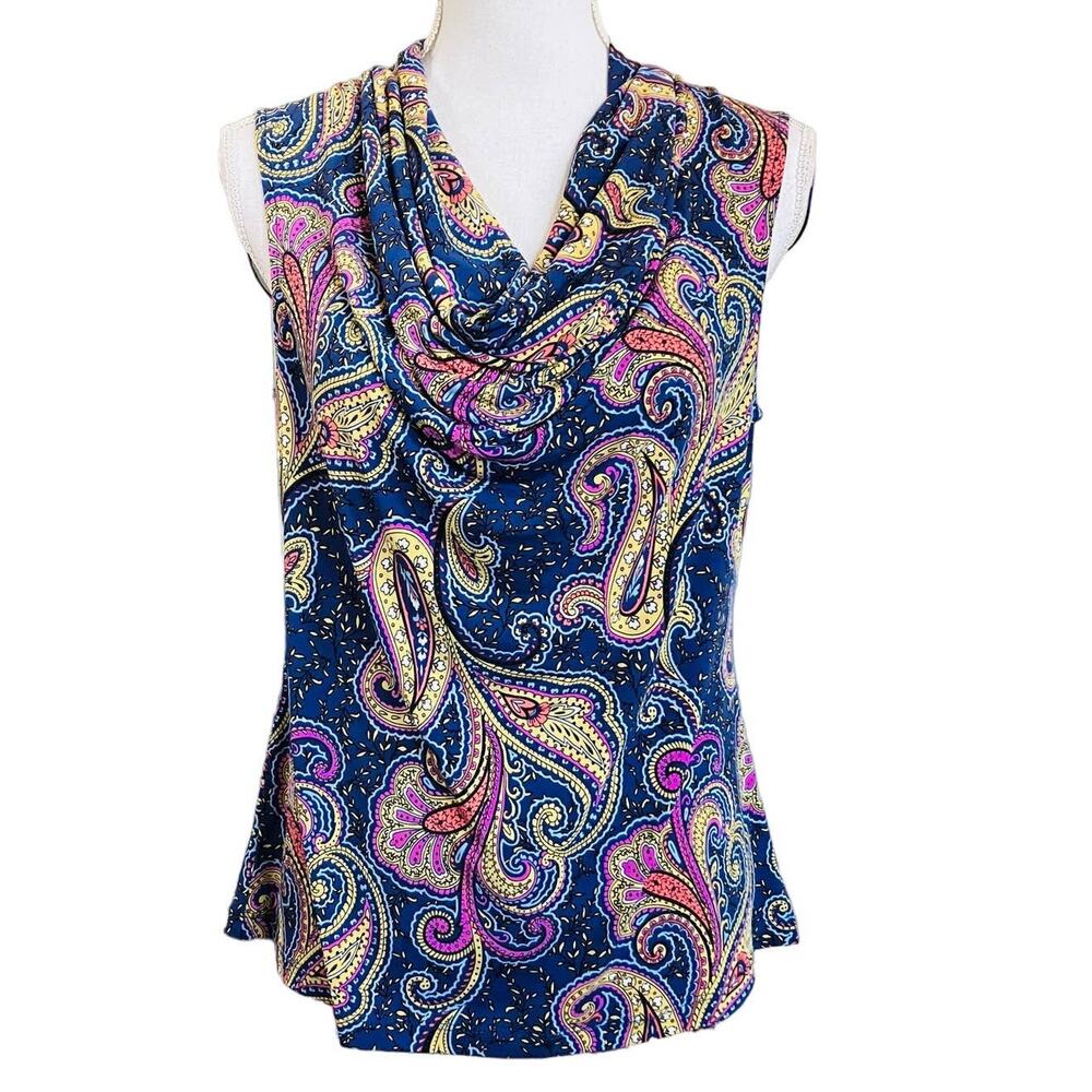 Tahari Pink Blue Yellow Paisley Cowl Neck Top Medium